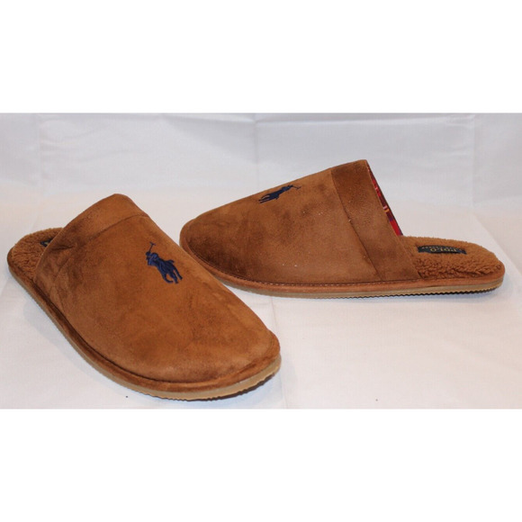 NIB POLO RALPH LAUREN MEN'S SLIP ON LOGO SCUFF‎ HORSE SLIPPERS CHESTNUT - Picture 1 of 7